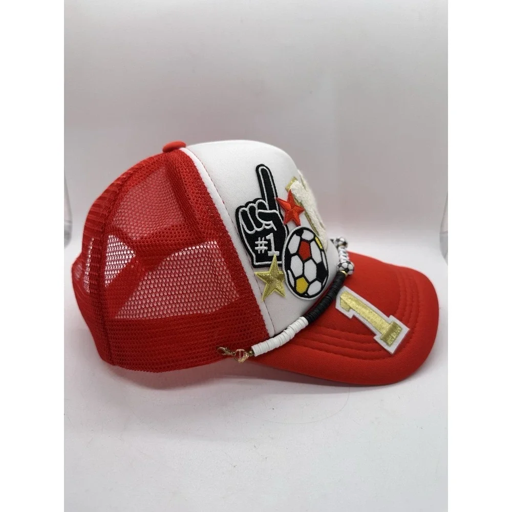 Soccer Mom‎ Trucker Hat Red White Custom Bling Stars Foam Finger Snapback